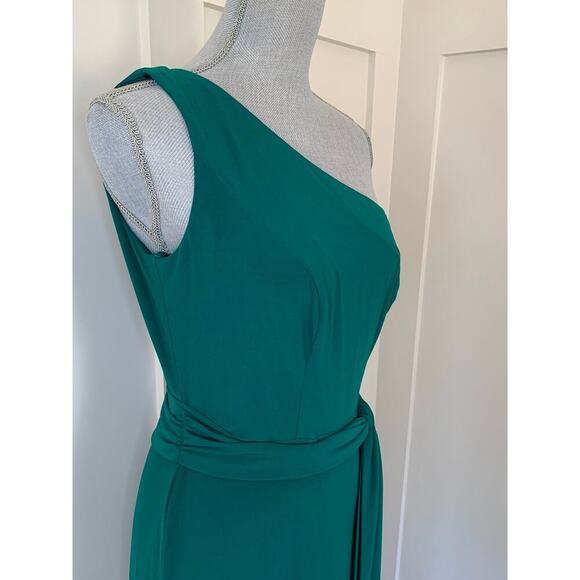 MacDuggal Ieena One Shoulder Jersey Gown in Green Size 8 Maxi Sheath Belted - Picture 6 of 9